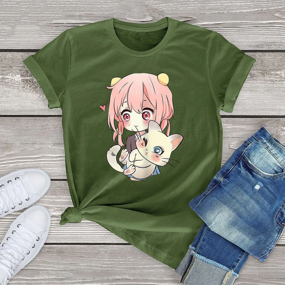 Apparel Anime Kawaii Girl Cuddling Cat Unisex Tee - Image 6