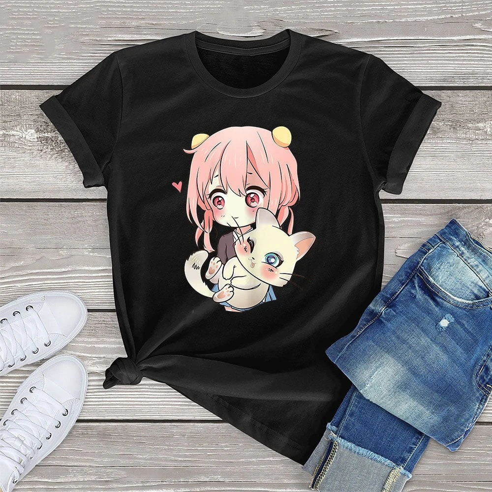 Apparel Anime Kawaii Girl Cuddling Cat Unisex Tee - Image 2