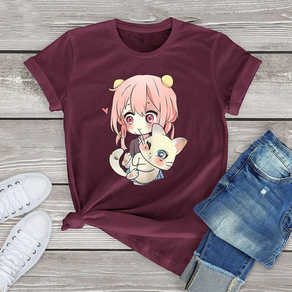 Apparel Anime Kawaii Girl Cuddling Cat Unisex Tee - Image 8