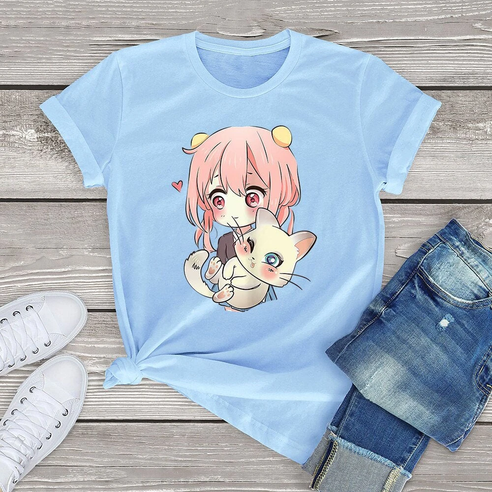 Apparel Anime Kawaii Girl Cuddling Cat Unisex Tee - Image 4