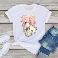 Apparel Anime Kawaii Girl Cuddling Cat Unisex Tee
