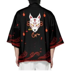 Apparel Anime White Fox Mask Black Red Unisex Kimono