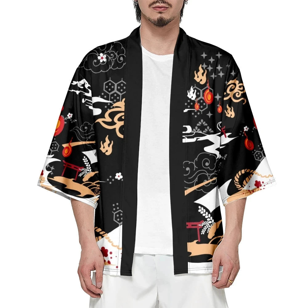 Apparel Anime White Fox Mask Pattern Unisex Kimono - Image 3