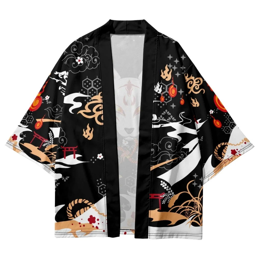 Apparel Anime White Fox Mask Pattern Unisex Kimono - Image 7