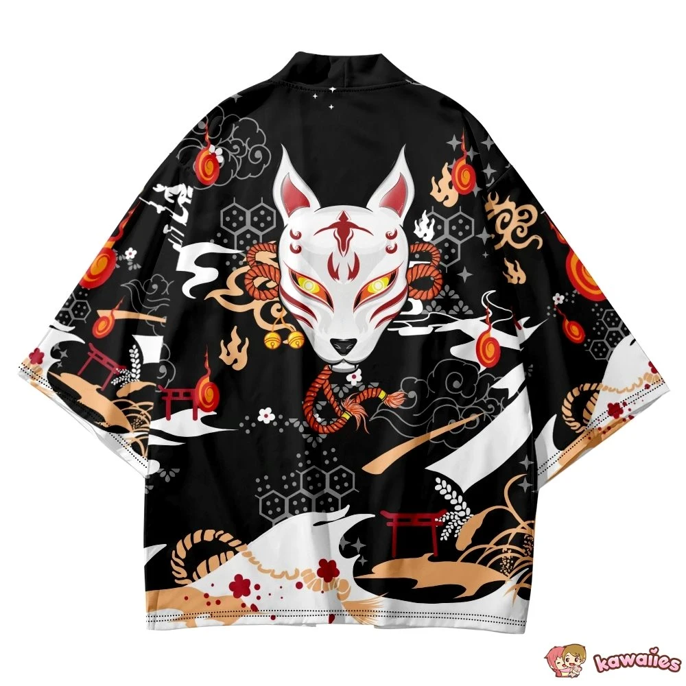 Apparel Anime White Fox Mask Pattern Unisex Kimono - Image 4