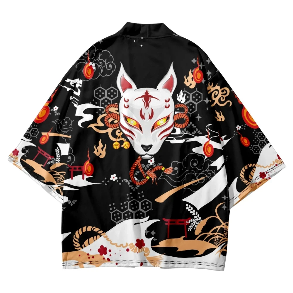 Apparel Anime White Fox Mask Pattern Unisex Kimono - Image 6