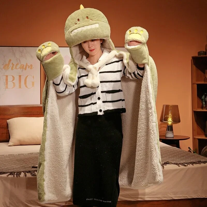 Apparel Black Cat Green Dino Plush Cape Hoodie Blanket - Image 14