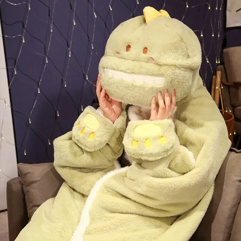 Apparel Black Cat Green Dino Plush Cape Hoodie Blanket - Image 5