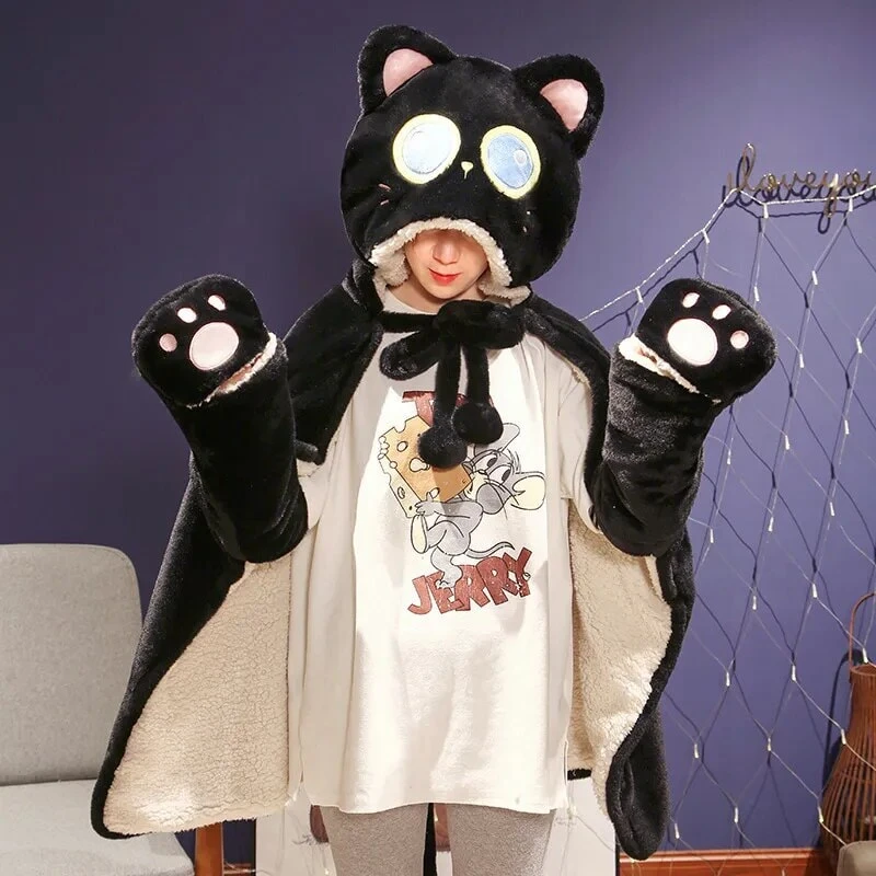 Apparel Black Cat Green Dino Plush Cape Hoodie Blanket - Image 16