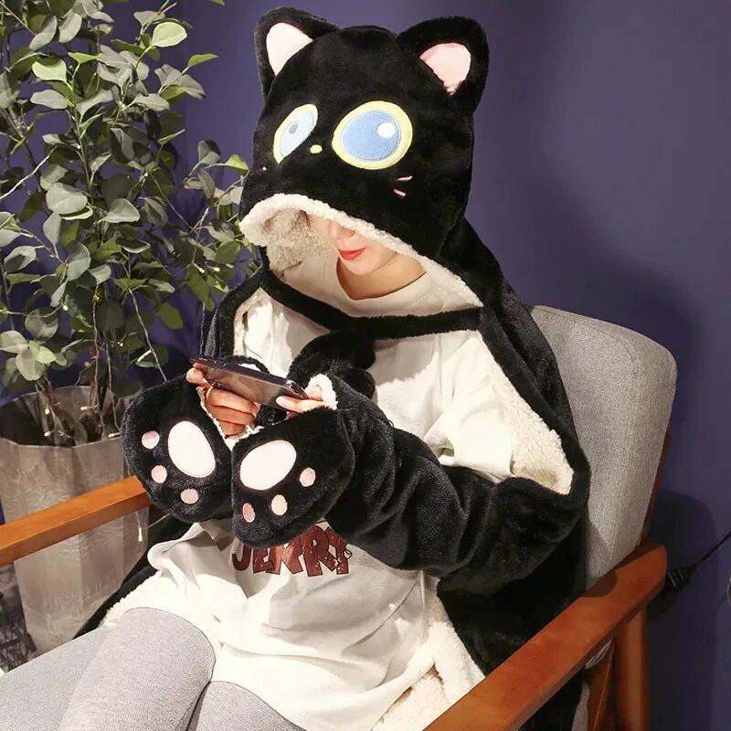 Apparel Black Cat Green Dino Plush Cape Hoodie Blanket - Image 19