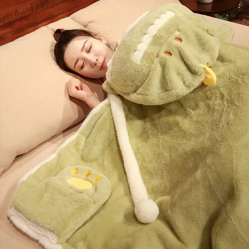 Apparel Black Cat Green Dino Plush Cape Hoodie Blanket - Image 12