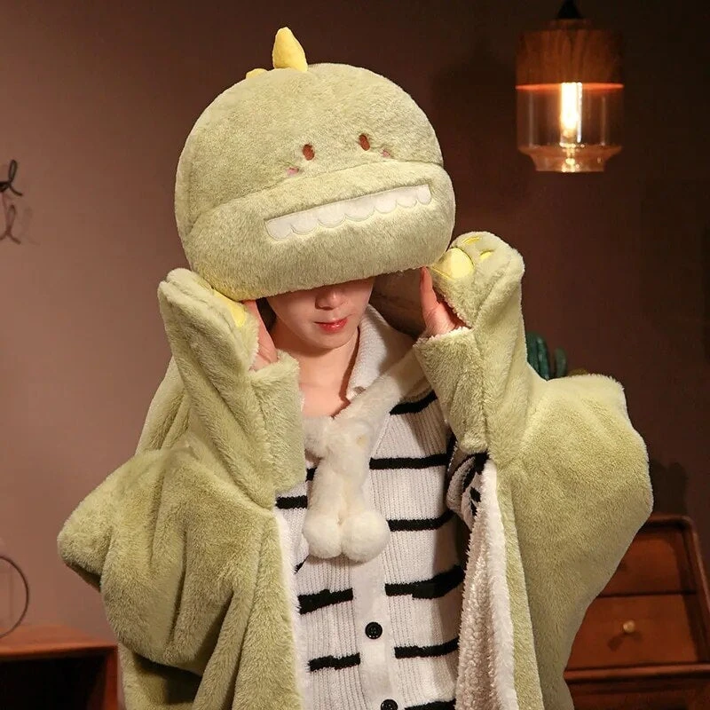 Apparel Black Cat Green Dino Plush Cape Hoodie Blanket - Image 6