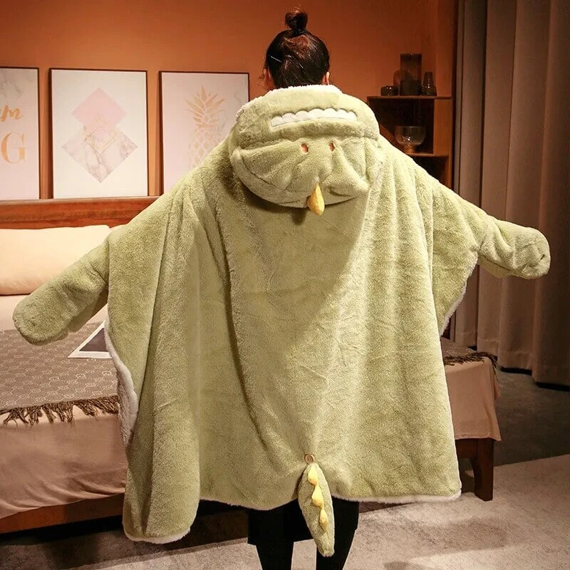 Apparel Black Cat Green Dino Plush Cape Hoodie Blanket - Image 9
