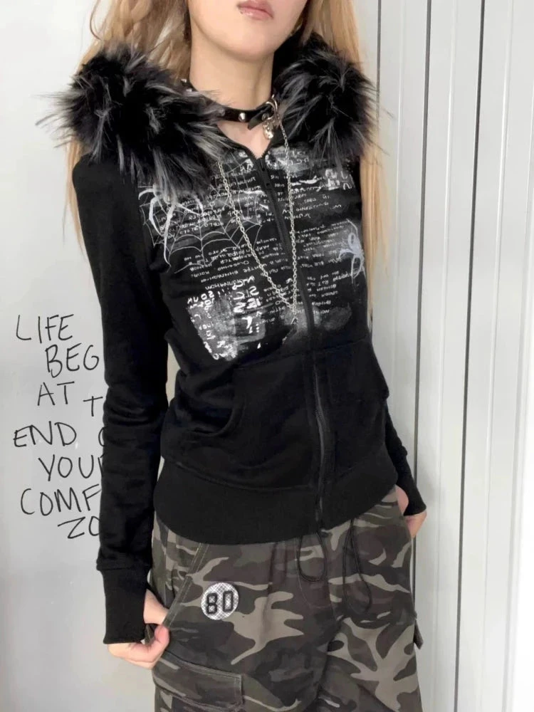 Apparel Black Gothic Fur Hood Zip-Up Jacket - Image 2