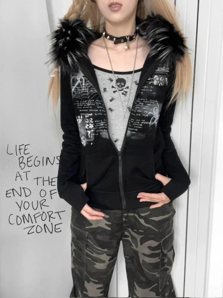 Apparel Black Gothic Fur Hood Zip-Up Jacket - Image 4