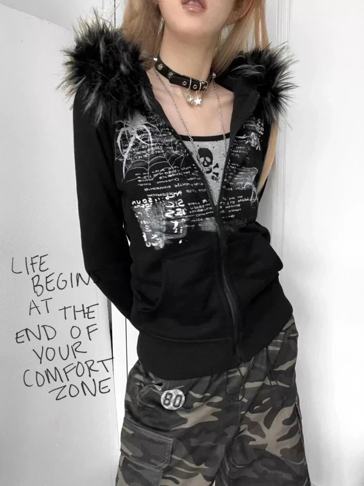 Apparel Black Gothic Fur Hood Zip-Up Jacket - Image 5