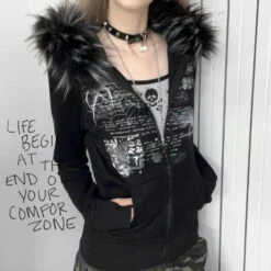 Apparel Black Gothic Fur Hood Zip-Up Jacket