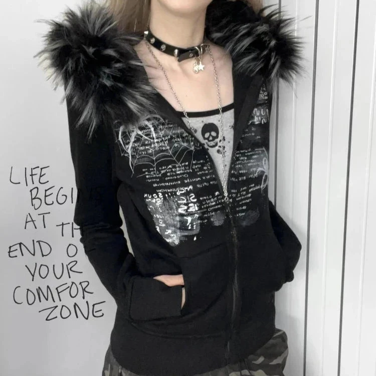 Apparel Black Gothic Fur Hood Zip-Up Jacket