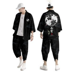 Apparel Black Japanese Crane Mens Two-Piece Kimono Yukata Top & Pants Sets