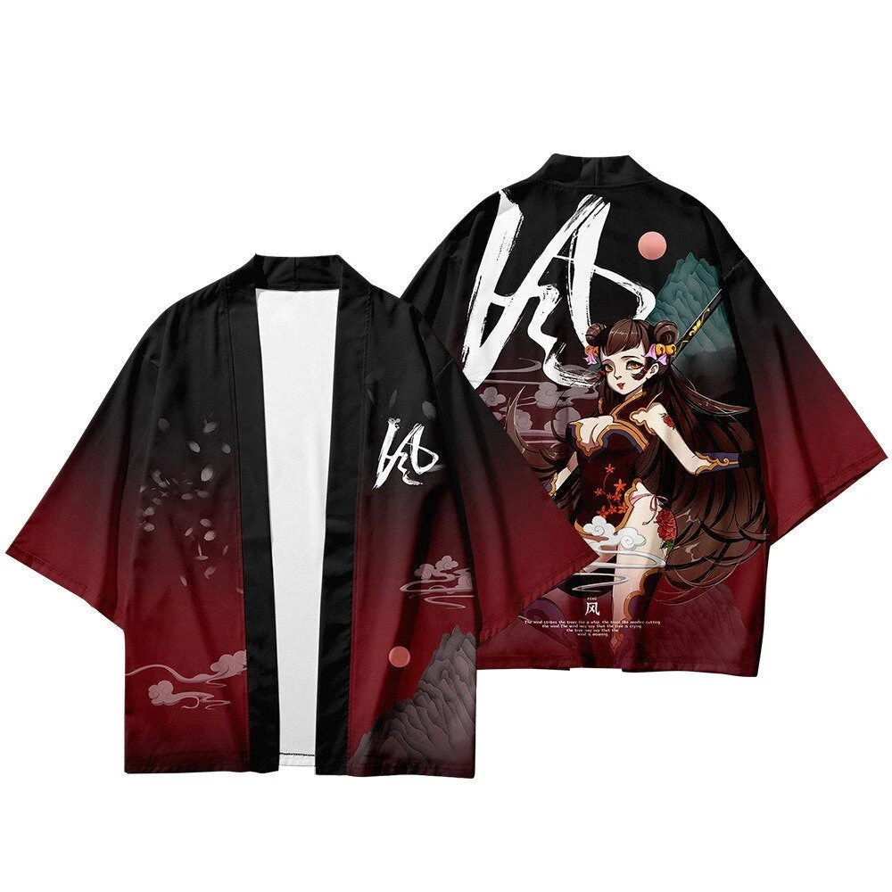 Apparel Black Japanese Female Fighter Mens Two-Piece Kimono Yukata Top & Pants Sets - Image 10