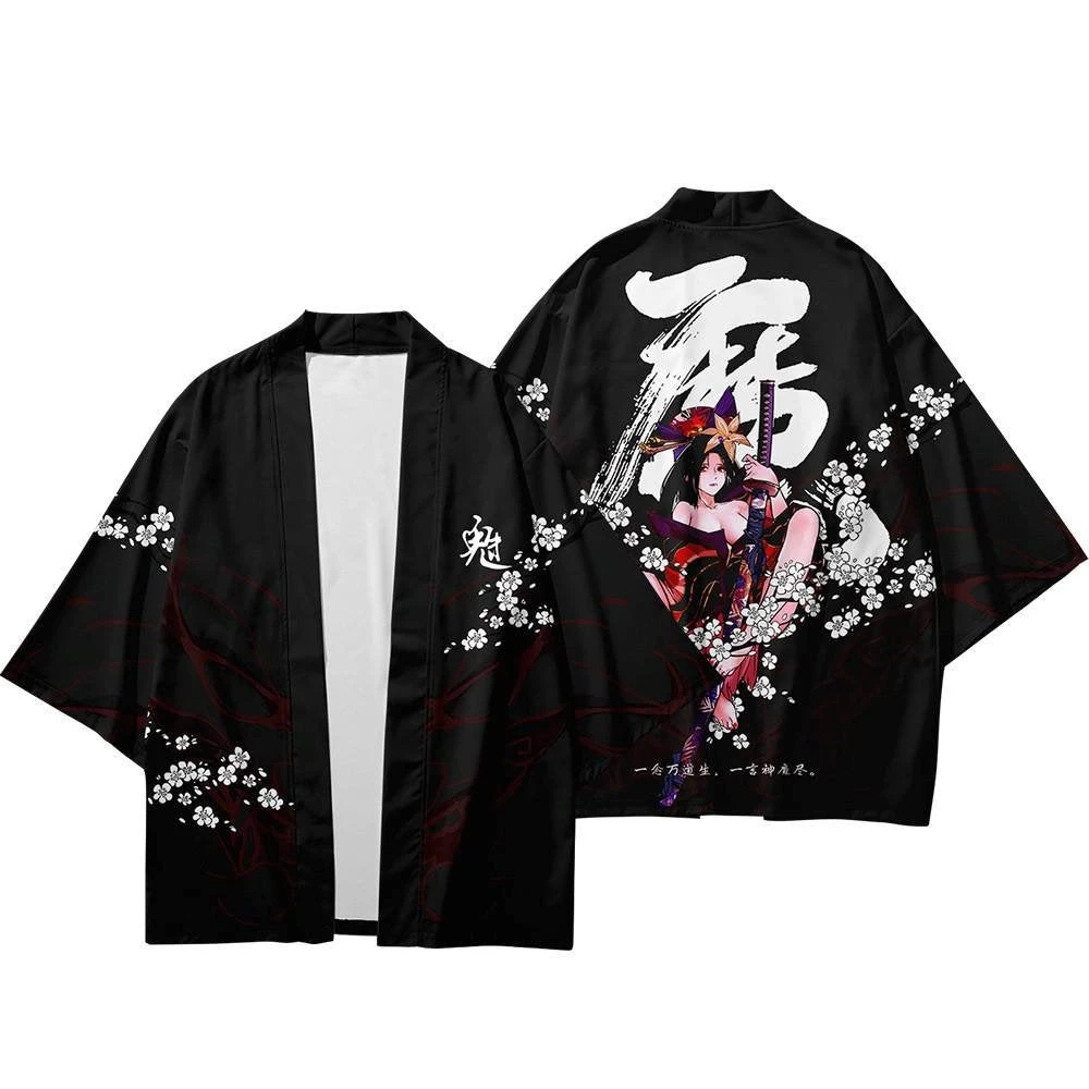 Apparel Black Japanese Female Fighter Mens Two-Piece Kimono Yukata Top & Pants Sets - Image 11