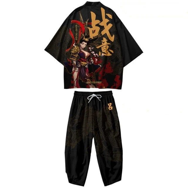 Apparel Black Japanese Female Fighter Mens Two-Piece Kimono Yukata Top & Pants Sets - Image 3