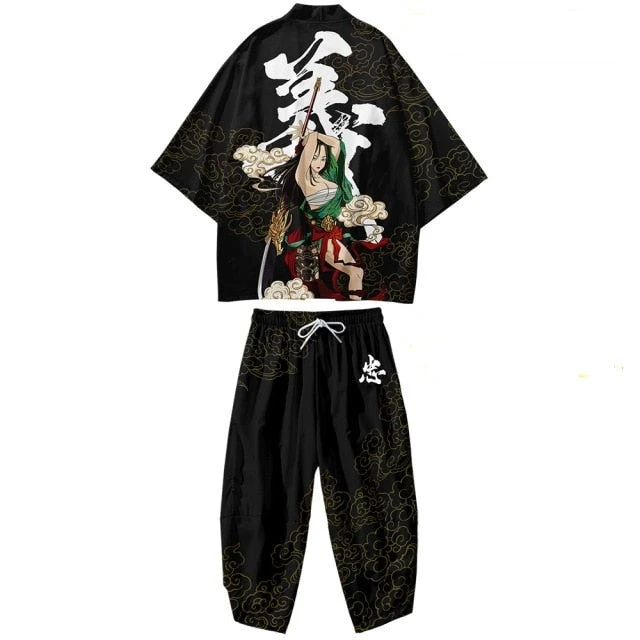 Apparel Black Japanese Female Fighter Mens Two-Piece Kimono Yukata Top & Pants Sets - Image 2