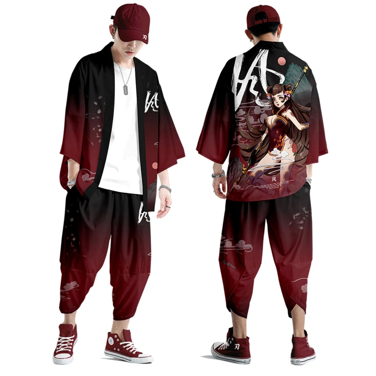 Apparel Black Japanese Female Fighter Mens Two-Piece Kimono Yukata Top & Pants Sets - Image 6