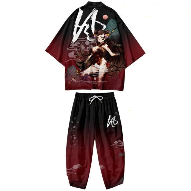 Apparel Black Japanese Female Fighter Mens Two-Piece Kimono Yukata Top & Pants Sets - Image 5