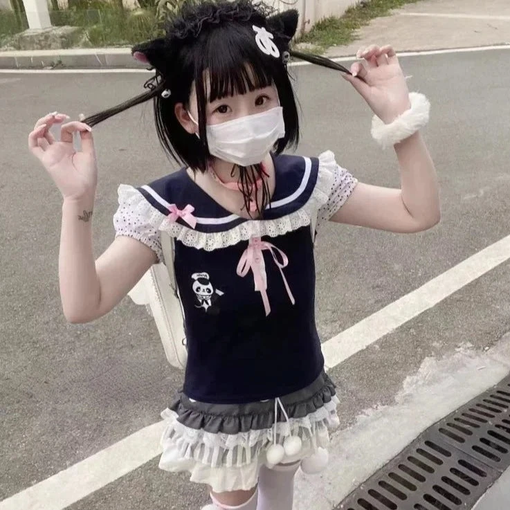 Apparel Black Japanese-themed Harajuku Panda Lace Women's Tee - Image 2