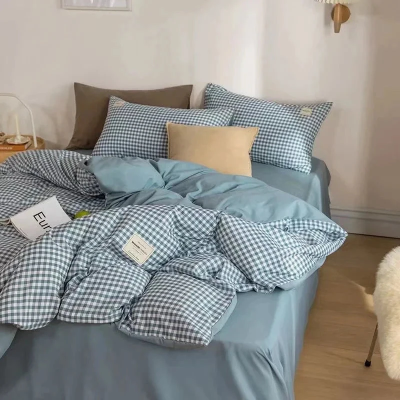 Brown Blue Mustard Mini Checked Bedding Set - Image 12