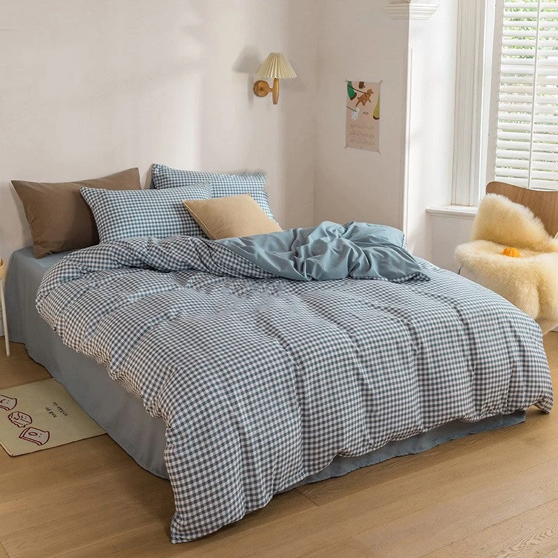 Brown Blue Mustard Mini Checked Bedding Set - Image 2