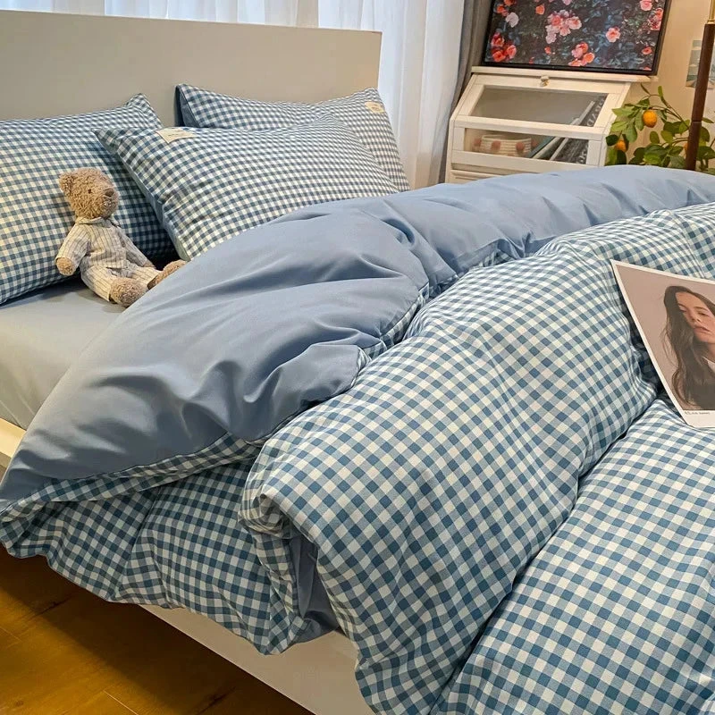 Brown Blue Mustard Mini Checked Bedding Set - Image 13