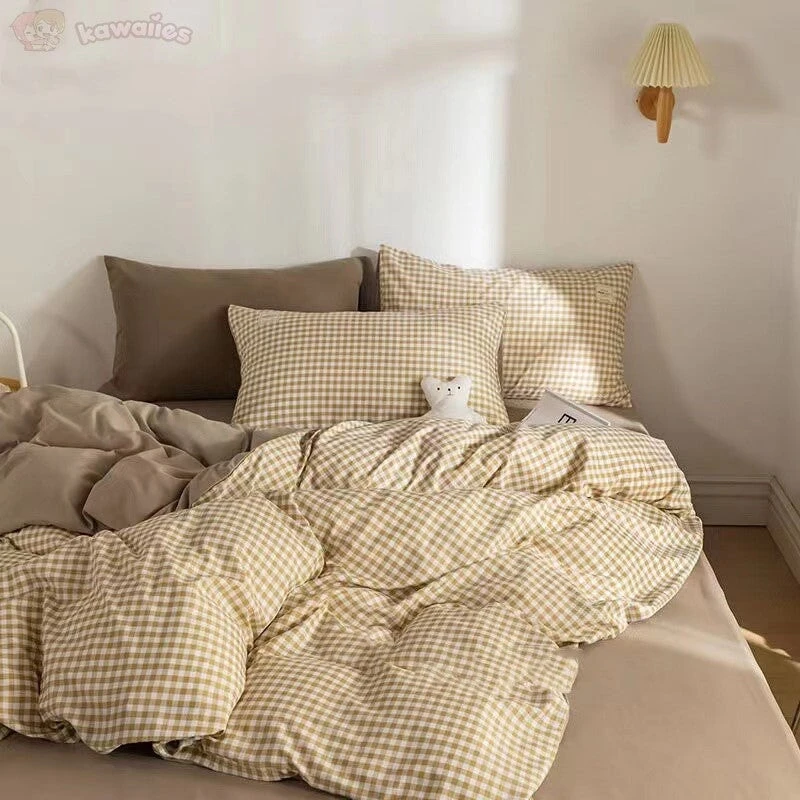 Brown Blue Mustard Mini Checked Bedding Set - Image 3