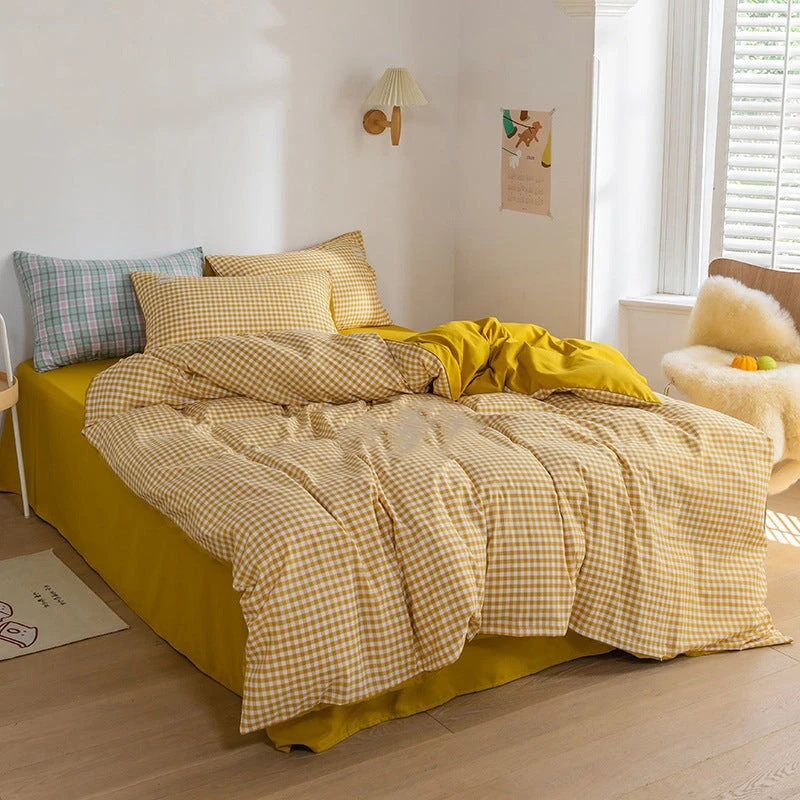 Brown Blue Mustard Mini Checked Bedding Set - Image 16