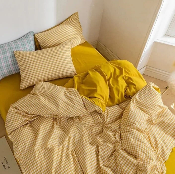 Brown Blue Mustard Mini Checked Bedding Set - Image 20