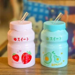 Cute Cartoon Fruit Friends Ceramic Cup With Straw