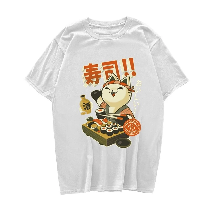 Apparel Cute Cat Eating Sushi Unisex Tee - Image 4