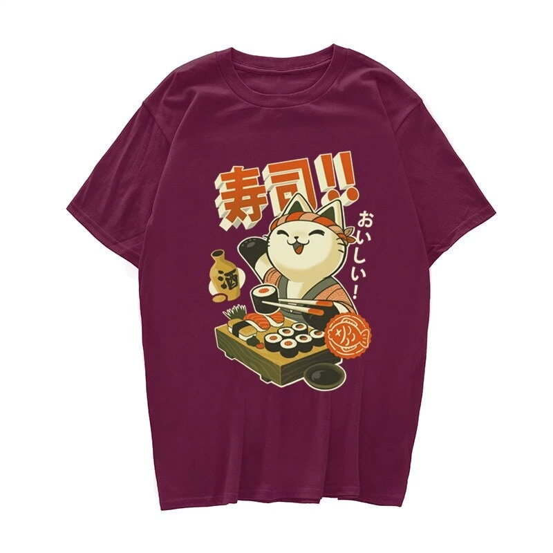 Apparel Cute Cat Eating Sushi Unisex Tee - Image 5