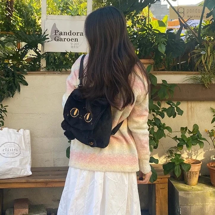 Apparel Cute Fluffy Moon Black Cat Plush Bag - Image 10