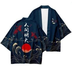 Apparel Dark Navy Blood-Red Sun Cranes Unisex Kimono