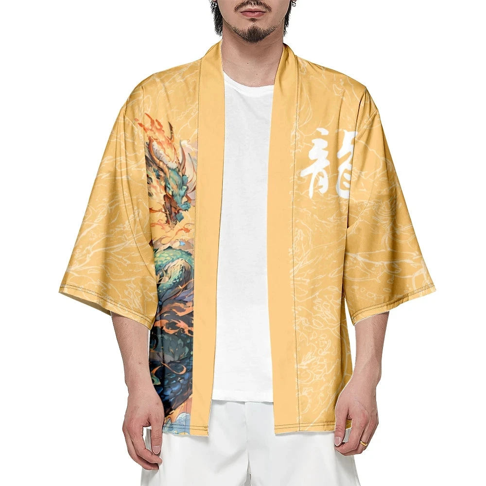 Apparel Emerald Flaming Dragon Golden Unisex Kimono - Image 2