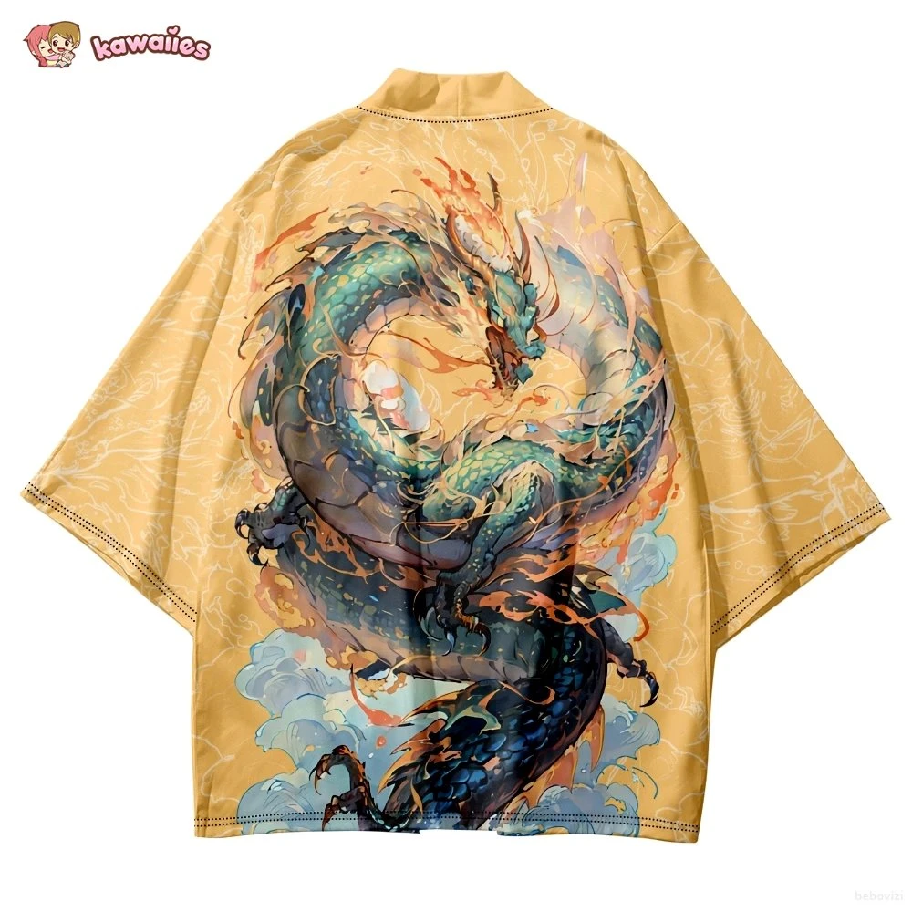 Apparel Emerald Flaming Dragon Golden Unisex Kimono - Image 5