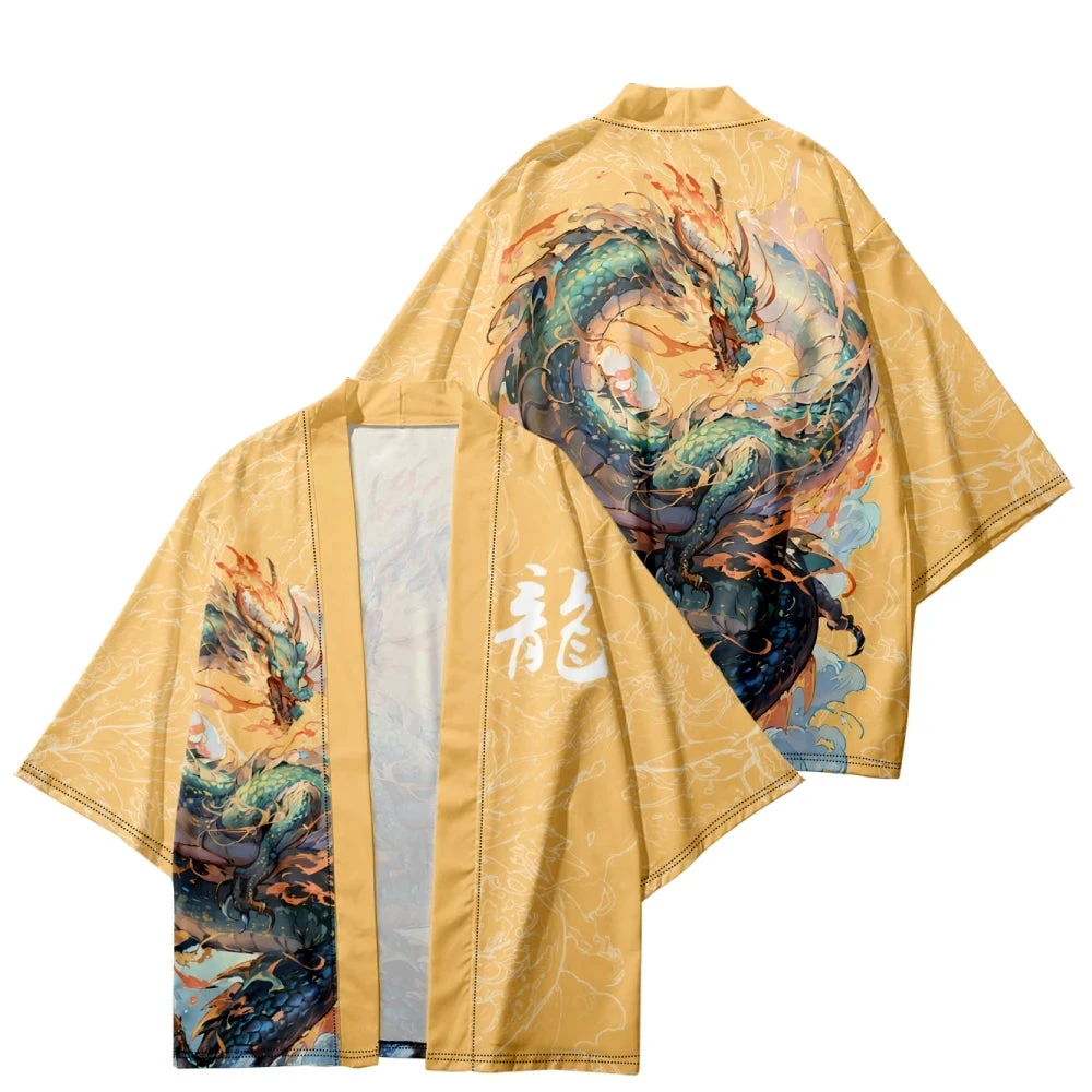 Apparel Emerald Flaming Dragon Golden Unisex Kimono - Image 3