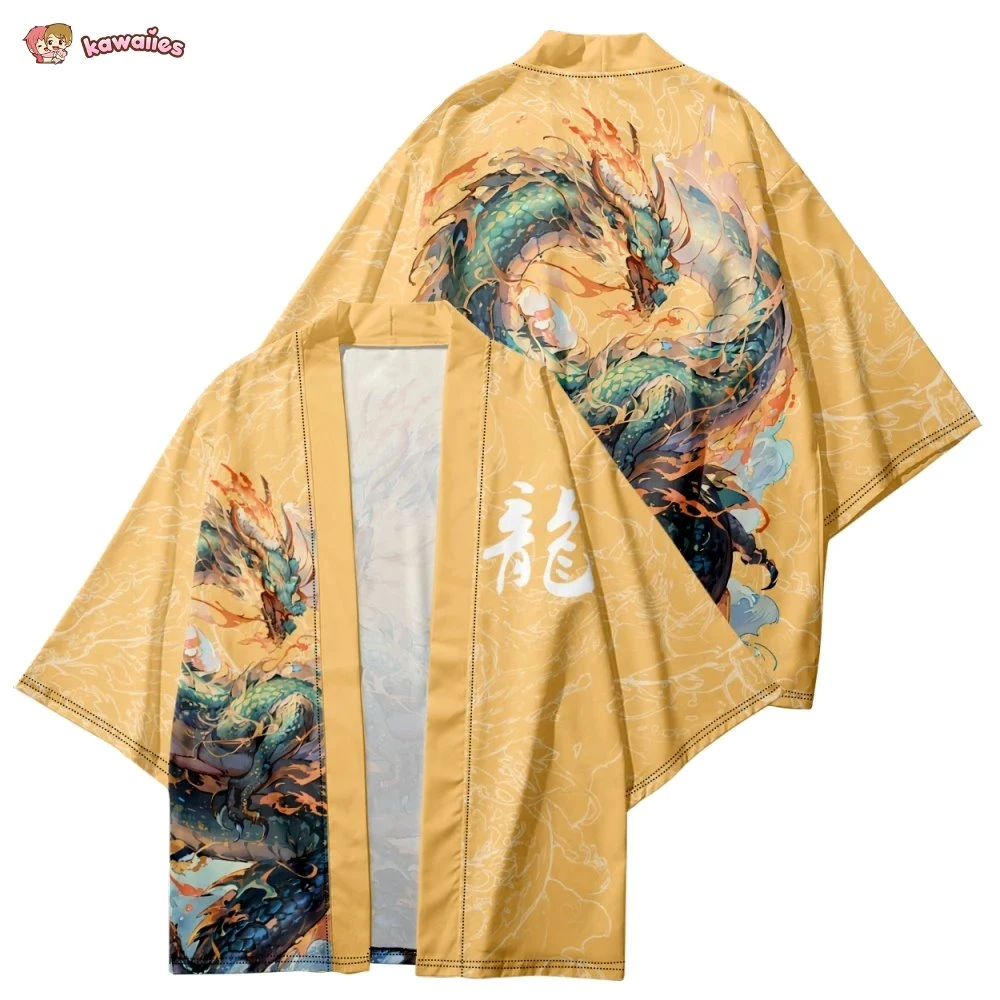 Apparel Emerald Flaming Dragon Golden Unisex Kimono - Image 7