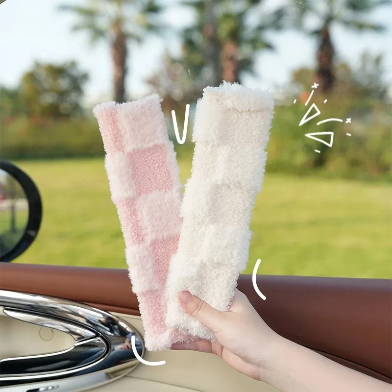 Accessories Fluffy Checkered Plush Car Seat Belt Cover Shoulder Strap Accessory - Image 3
