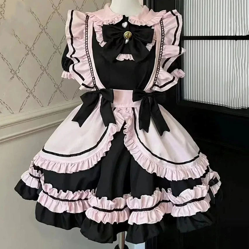 Apparel Gothic Black Pink Sweet Lolita Women's Maid Dress Bowknots - Image 11