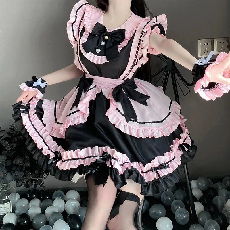 Apparel Gothic Black Pink Sweet Lolita Women's Maid Dress Bowknots - Image 14