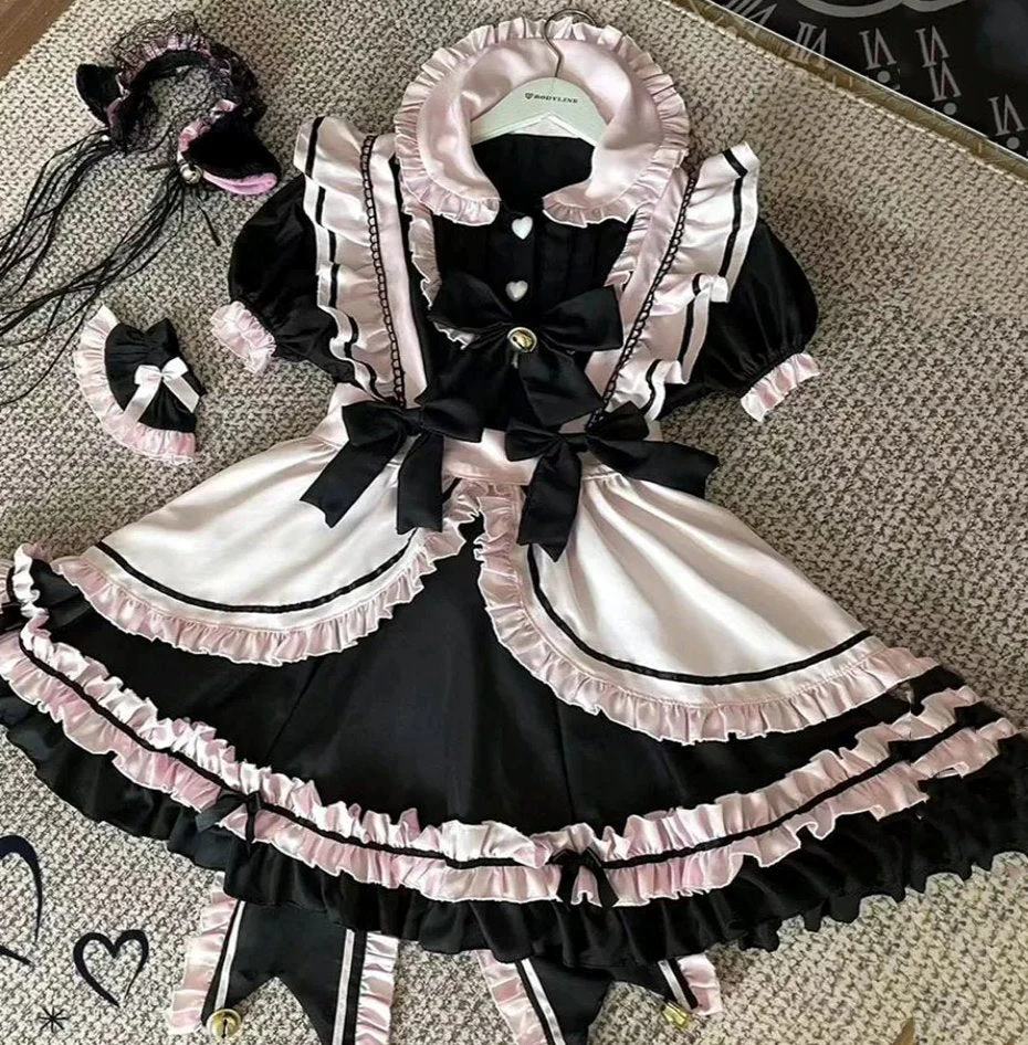 Apparel Gothic Black Pink Sweet Lolita Women's Maid Dress Bowknots - Image 9