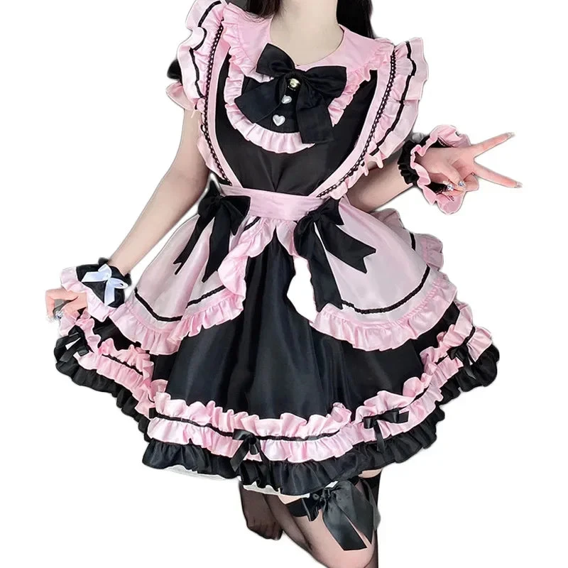 Apparel Gothic Black Pink Sweet Lolita Women's Maid Dress Bowknots - Image 16